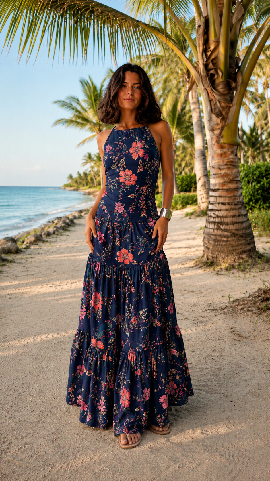 Front view of navy floral tiered maxi dress with high neckline