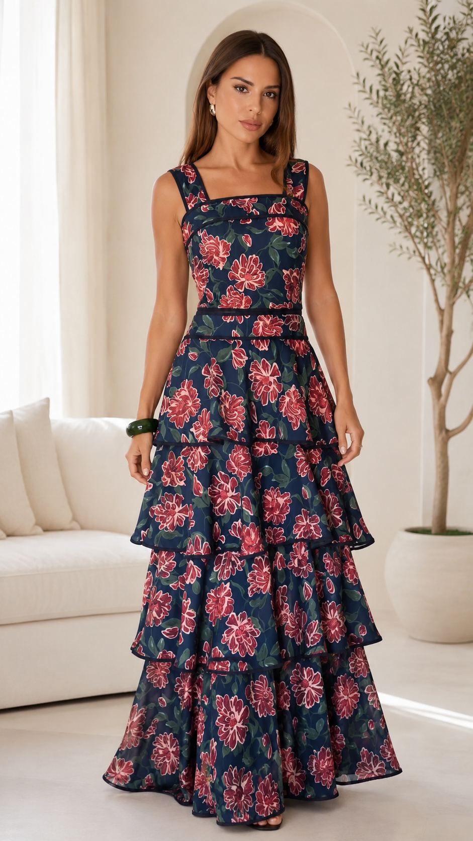 Front view of navy floral square neck tiered maxi dress
