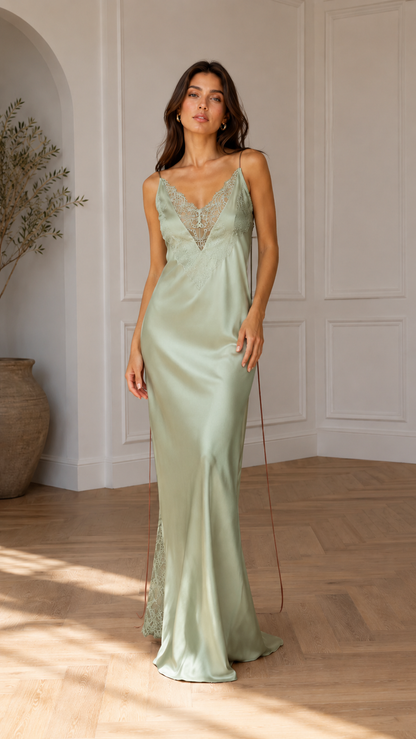 Front view of sage green lace trim satin slip maxi dress