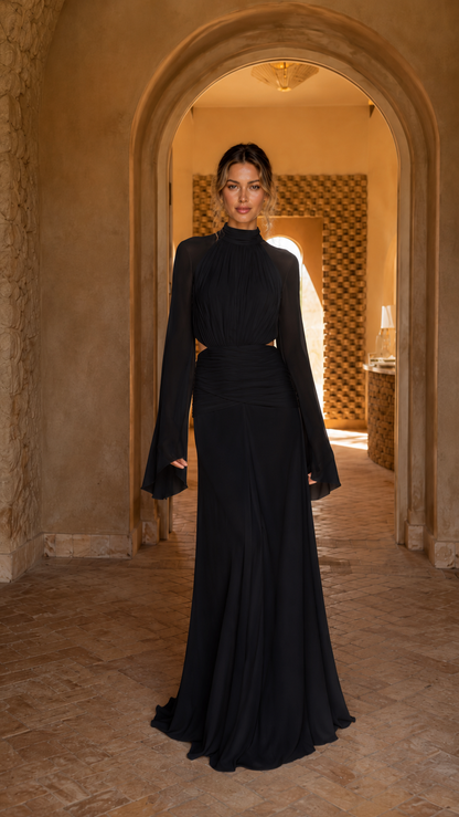 Front view of black mock neck bell sleeve evening gown