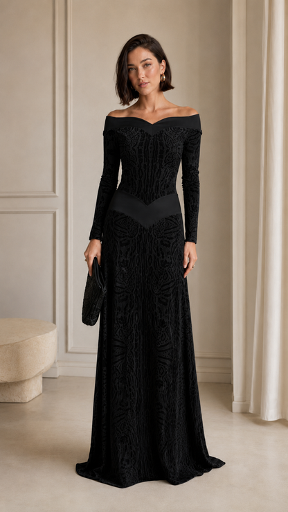Front view of black off-shoulder textured maxi gown with long sleeves