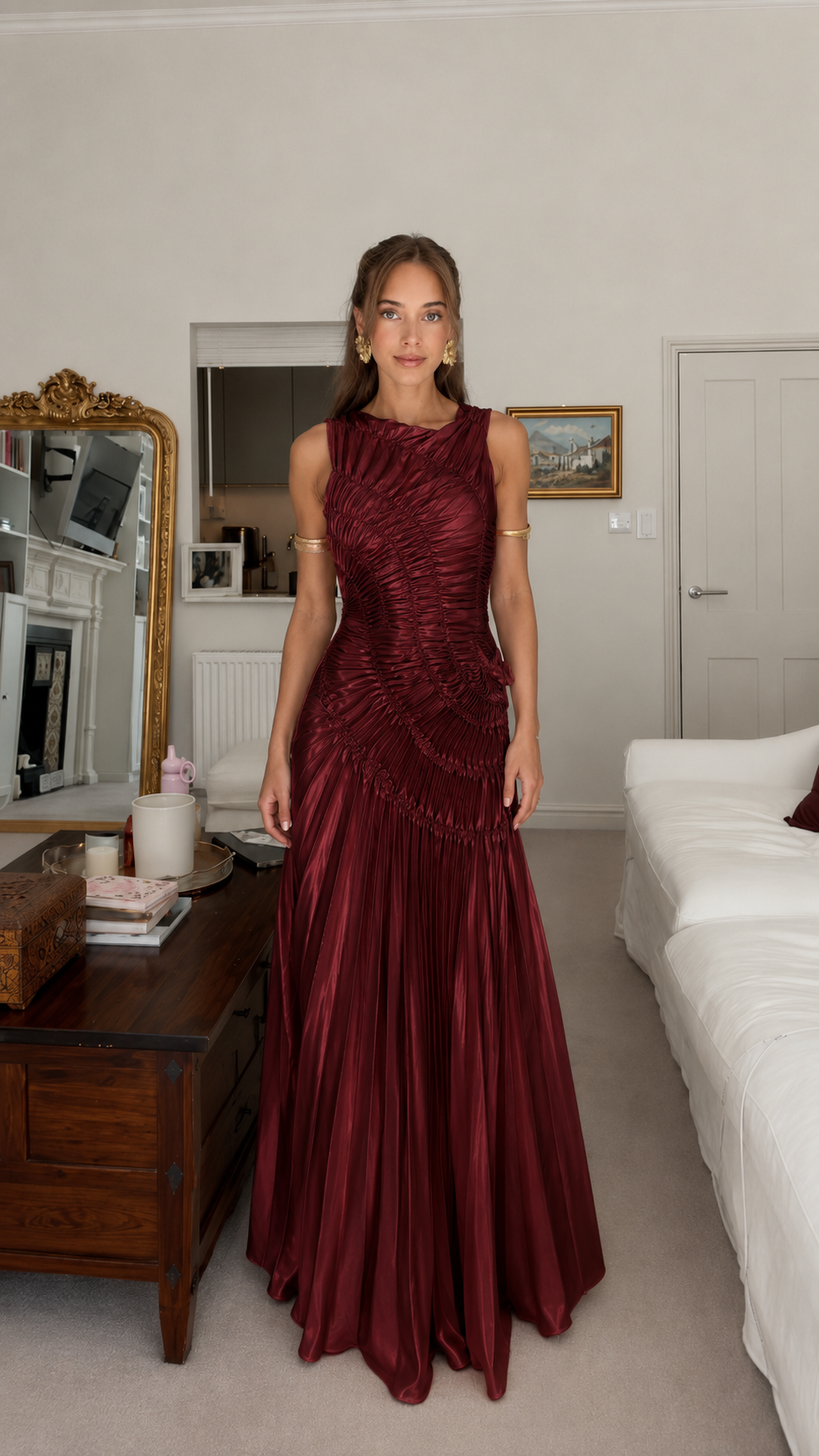 Burgundy ruched sleeveless satin-look evening maxi gown