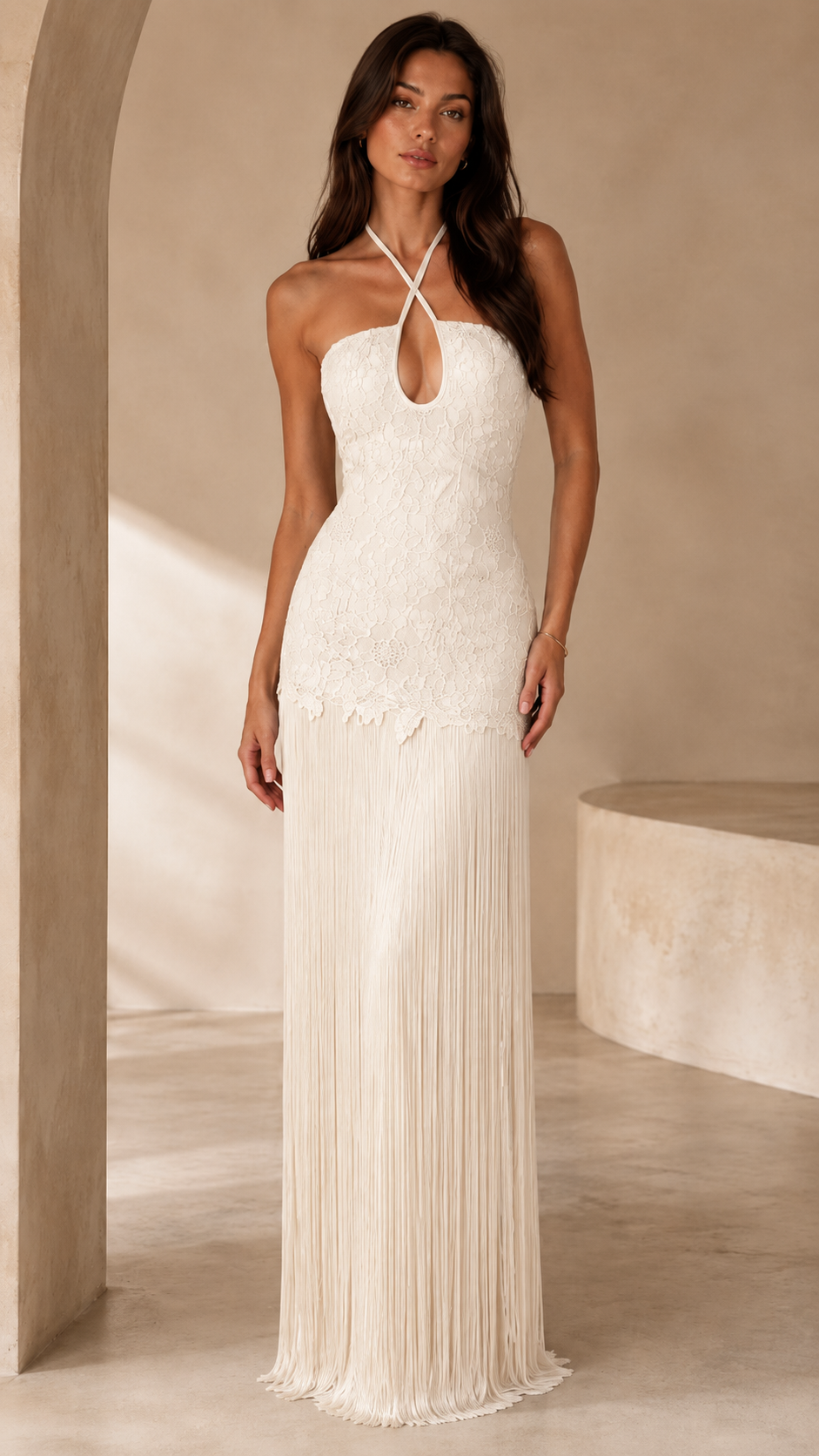 Front view of ivory lace halter maxi dress with keyhole neckline and pleated skirt