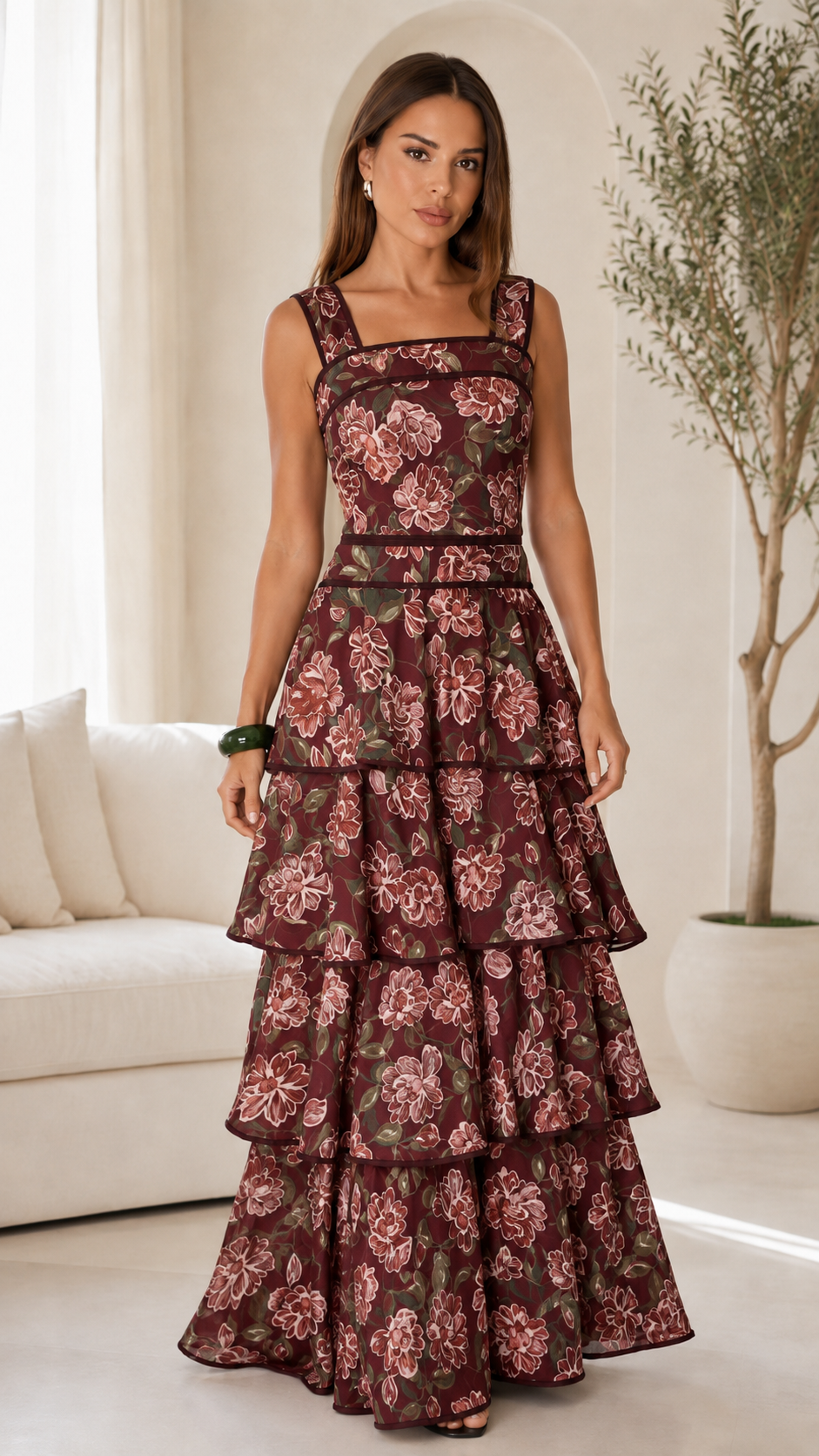 Front view of burgundy floral square neck tiered maxi dress