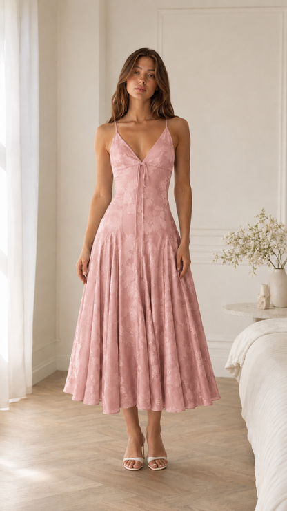 Blush pink floral textured midi slip dress front view with romantic flared silhouette
