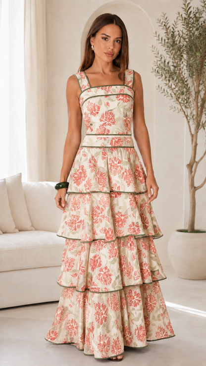 Front view of ivory floral square neck tiered maxi dress