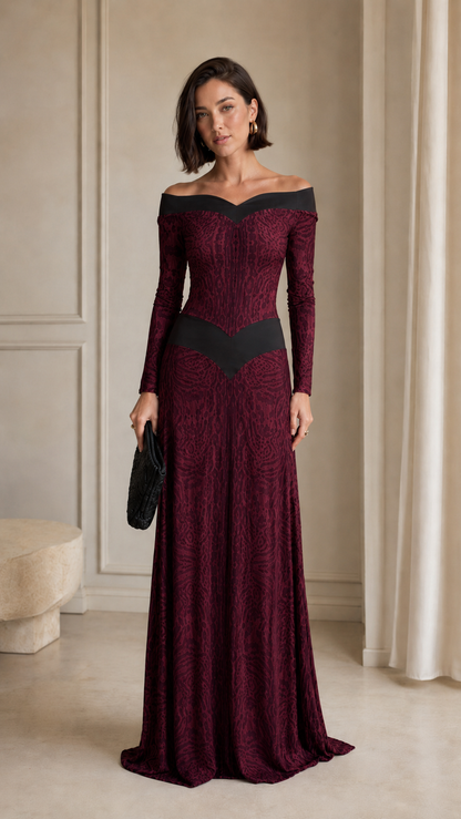 Front view of wine off-shoulder long-sleeve formal maxi dress