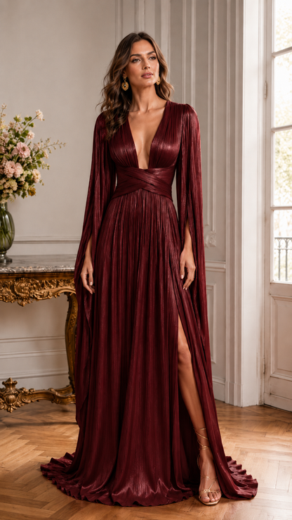 Front view of burgundy pleated maxi gown with wrapped waist and thigh slit