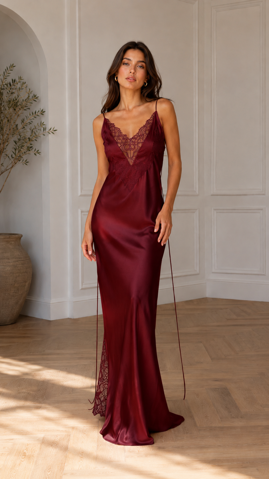 Front view of burgundy lace trim satin slip maxi dress