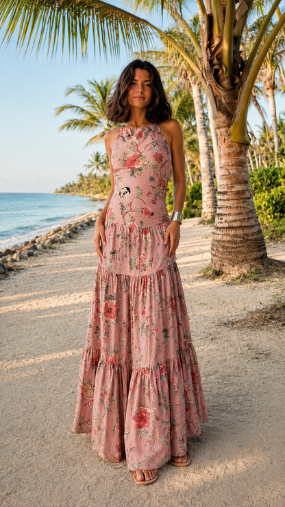 Front view of blush pink floral tiered maxi dress with maxi length