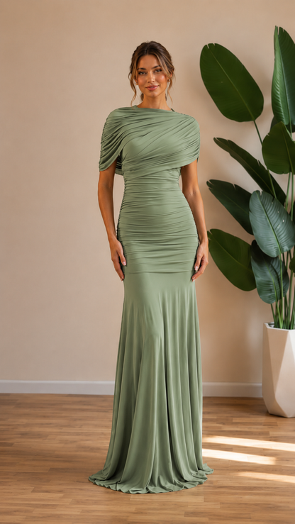 Front view of sage green draped ruched floor-length gown